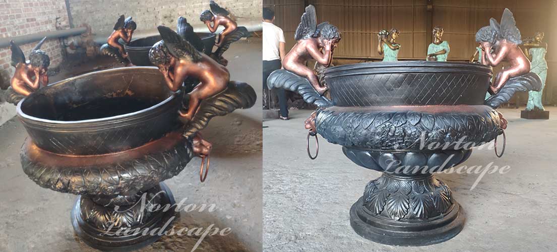 bronze flowerpot with angel statues