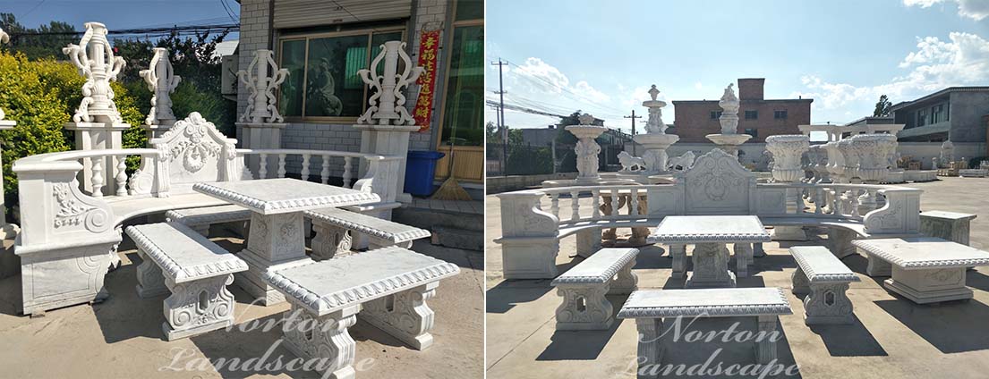 white marble table and bench