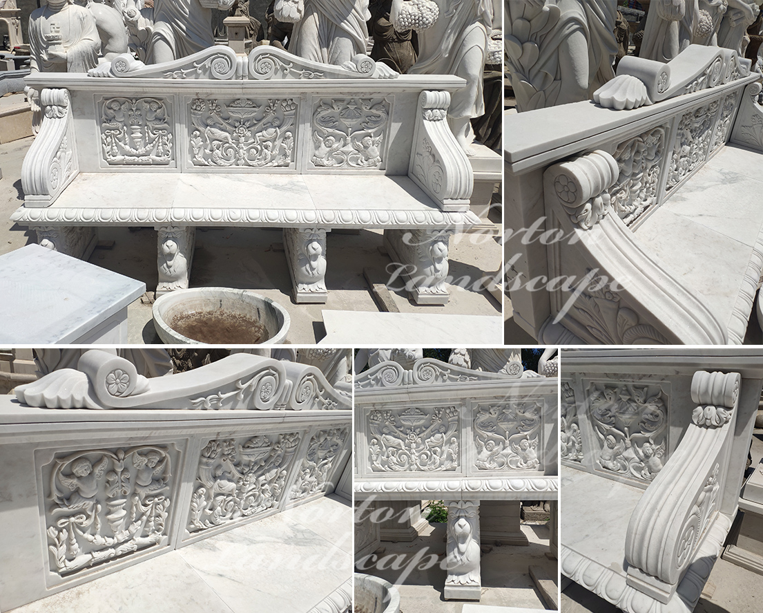 White carved marble bench