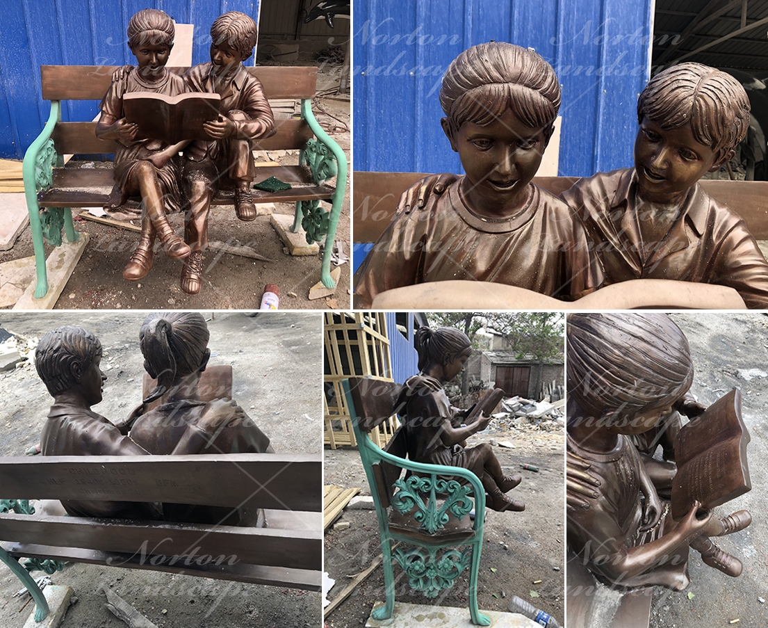 Bronze children statue sitting on bench