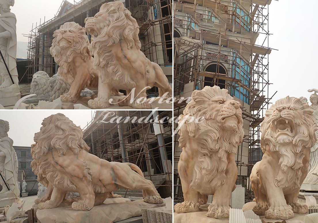 Sunset red marble lion statues