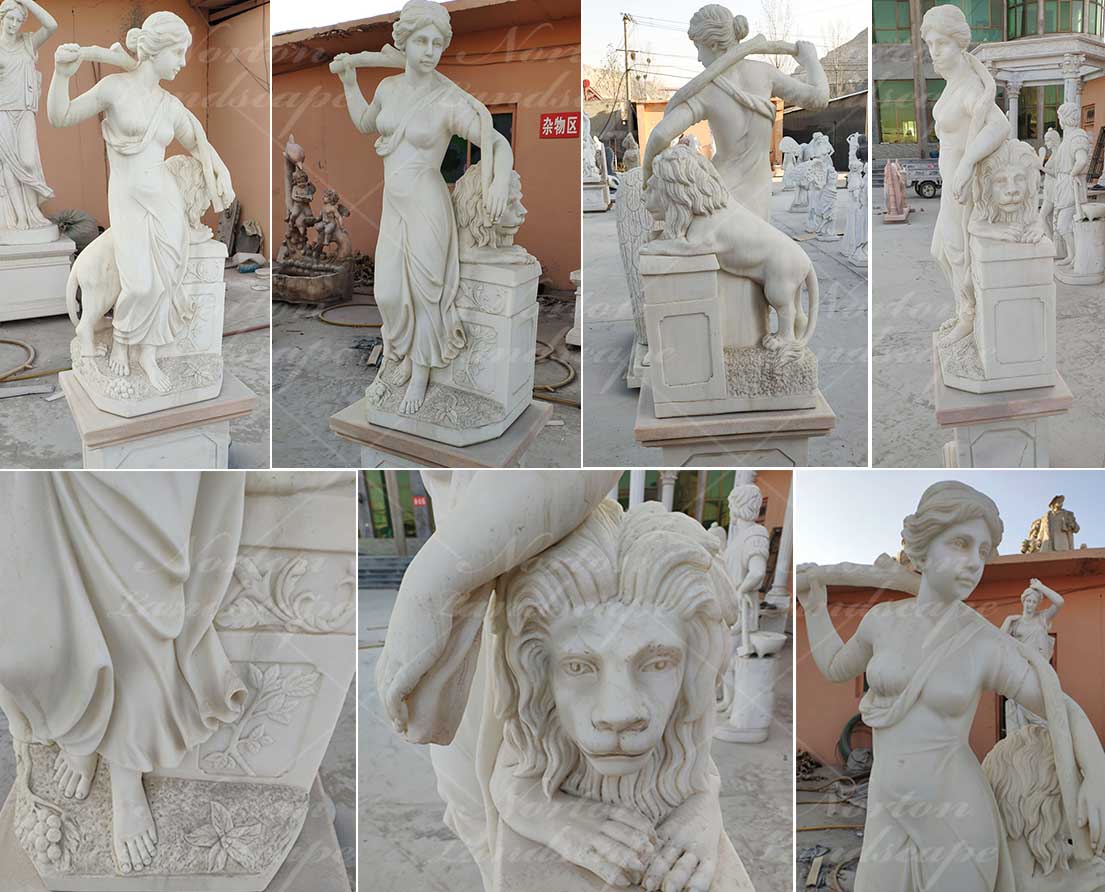 Marble woman and lion statues for sale