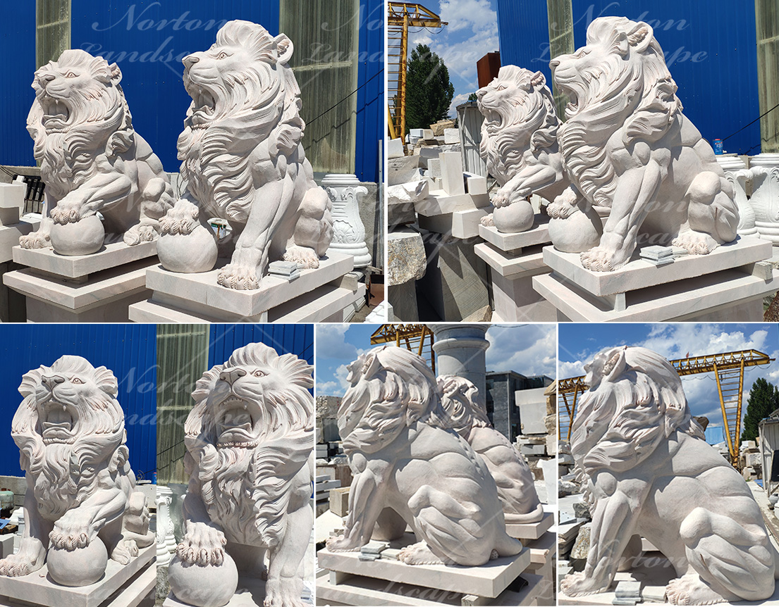 Sitting marble lion statues