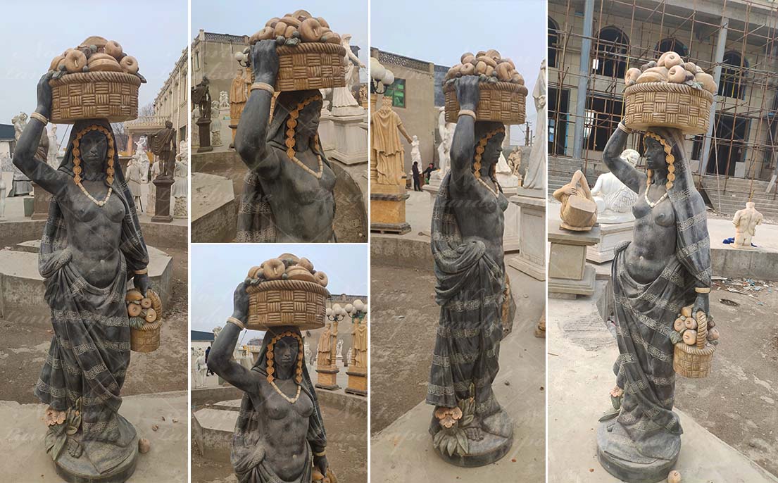 Black marble woman statue with fruit basket