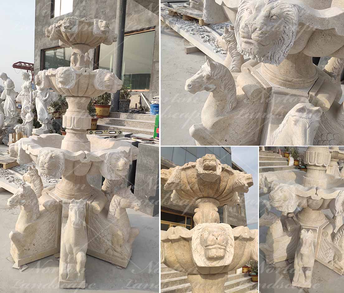 Antique Travertine lion head fountain