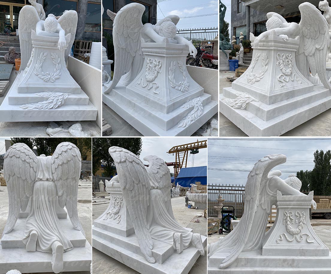Large white marble angel statue tombstone