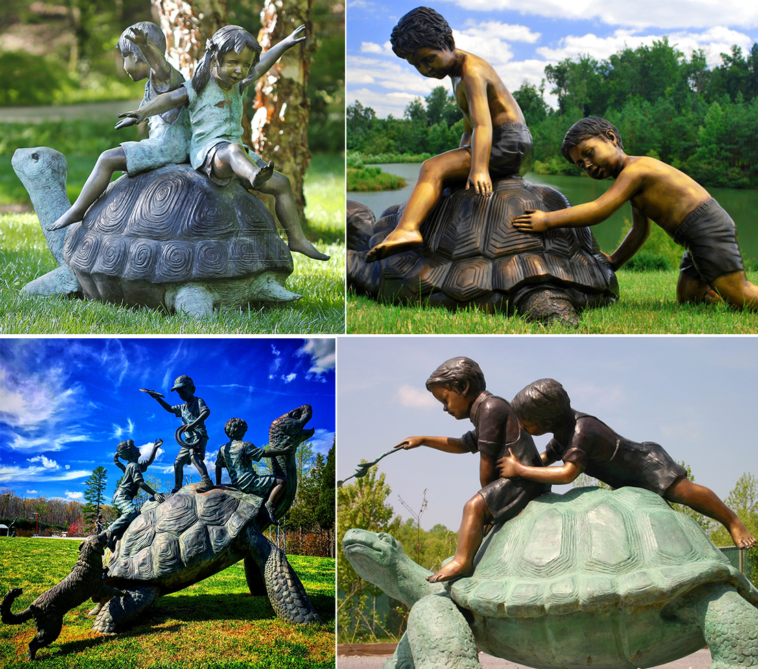 Bronze tortoise and child statue