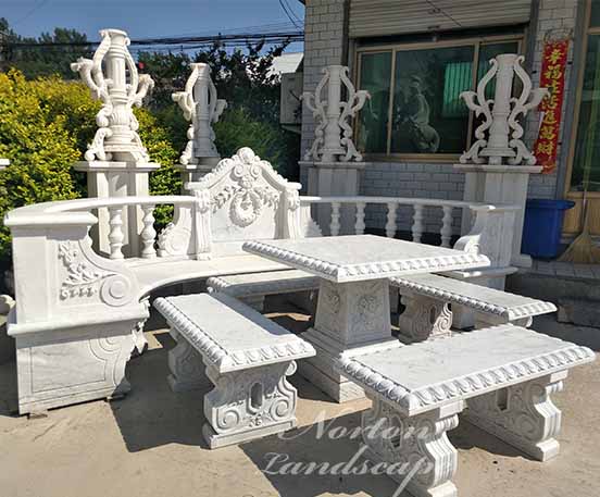 white marble table and bench