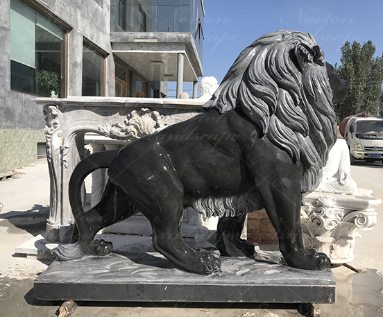 Hand Carved Black Marble Lion Statue, Outdoor Lion Statues
