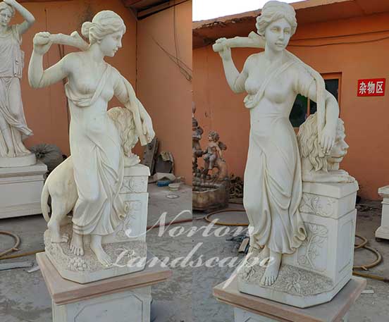 Marble woman and lion statues for sale