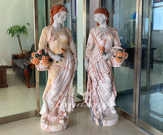 Colored Marble Statue Of Woman Holding Flower Basket
